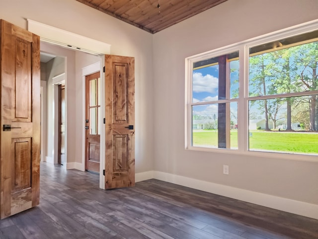 unfurnished room featuring wood ceiling and dark wood-type flooring