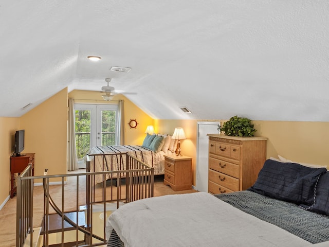 bedroom with access to exterior, a textured ceiling, vaulted ceiling, and ceiling fan