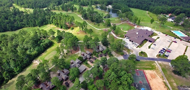 birds eye view of property with a water view and a forest view