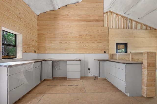 415 Sloe Ln, Brookeland, TX 75931 - kitchen with wood walls and high vaulted ceiling