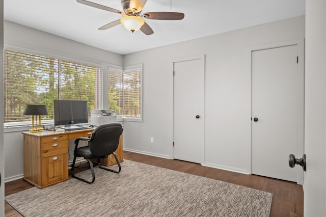 office with ceiling fan and wood-type flooring