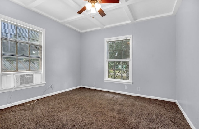 210 Forest Park Blvd, Lufkin, TX 75904 - spare room featuring coffered ceiling, plenty of natural light, dark colored carpet, a ceiling fan, and beam ceiling