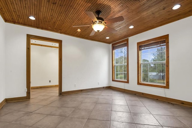 spare room with wood ceiling and ceiling fan