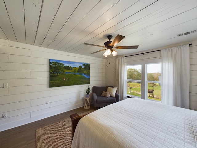 bedroom with hardwood / wood-style floors, ceiling fan, wood walls, and wood ceiling