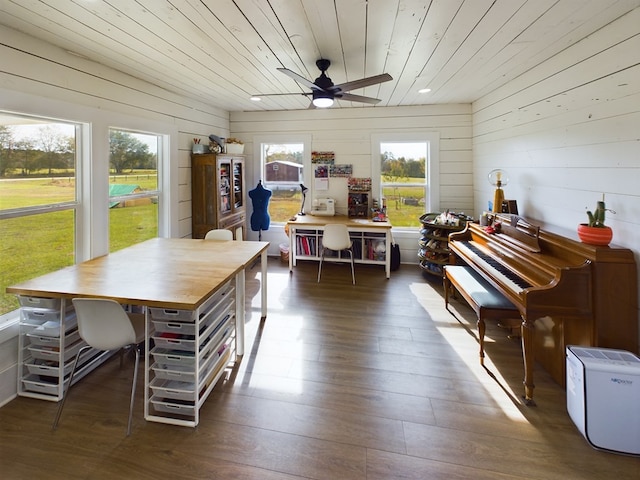 sunroom / solarium featuring ceiling fan and wooden ceiling