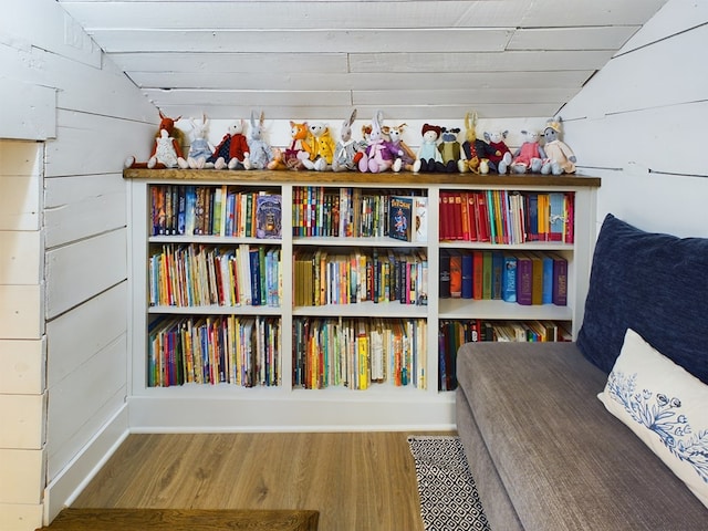 room details featuring wooden walls and hardwood / wood-style floors