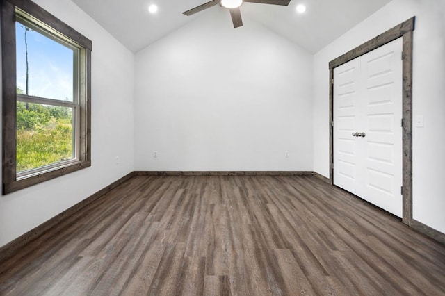 unfurnished bedroom with vaulted ceiling, wood finished floors, baseboards, a ceiling fan, and recessed lighting