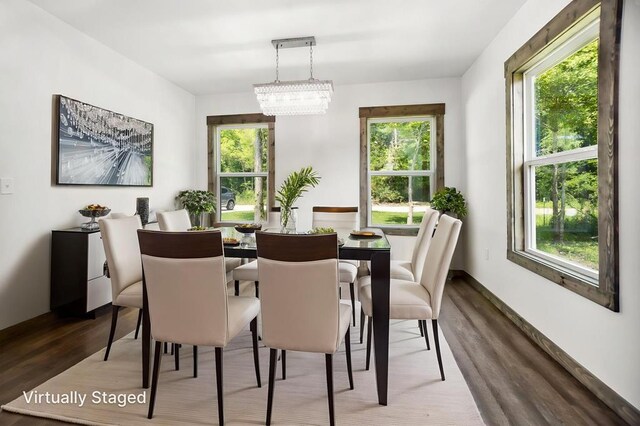 dining room with wood finished floors, plenty of natural light, and a chandelier