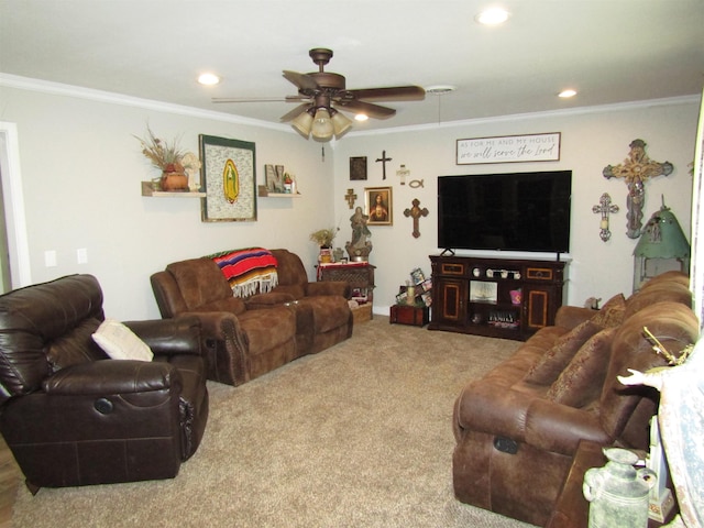 living room featuring carpet, ceiling fan, and ornamental molding