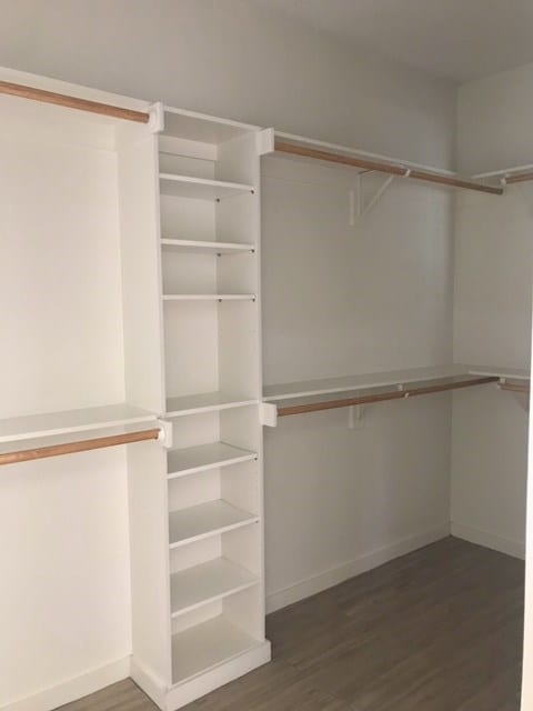 spacious closet featuring dark hardwood / wood-style flooring