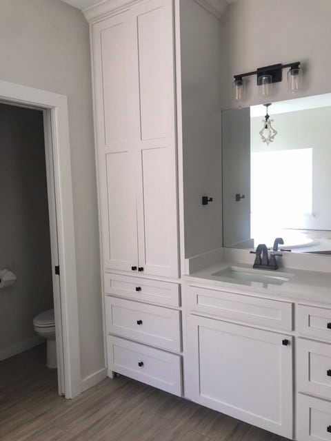 bathroom featuring vanity, hardwood / wood-style flooring, and toilet