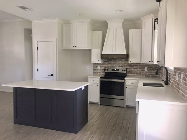 kitchen with custom exhaust hood, stainless steel electric stove, sink, a center island, and white cabinetry