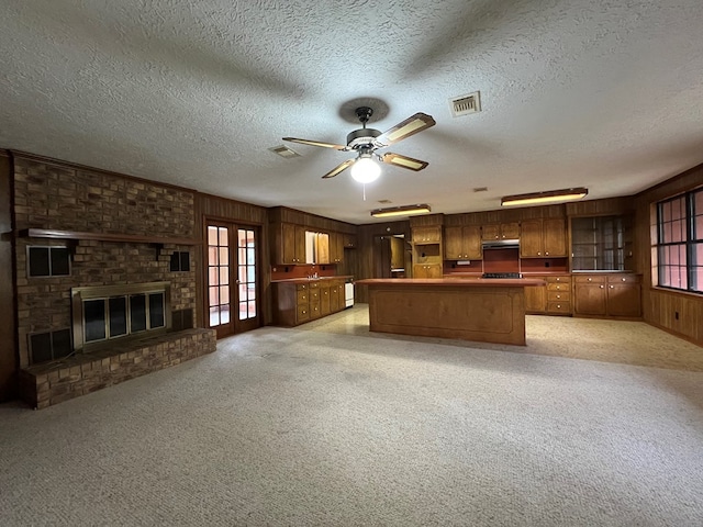 kitchen with light carpet, a textured ceiling, a wealth of natural light, and wooden walls