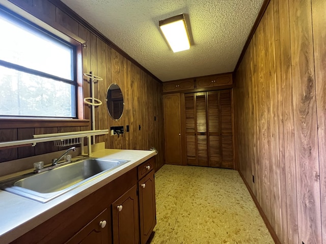 bathroom with wood walls, vanity, a textured ceiling, and ornamental molding