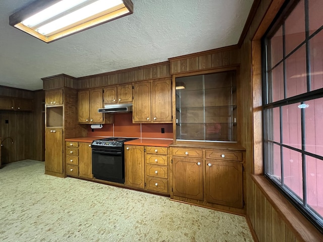 kitchen featuring wood walls, black electric range, and light carpet