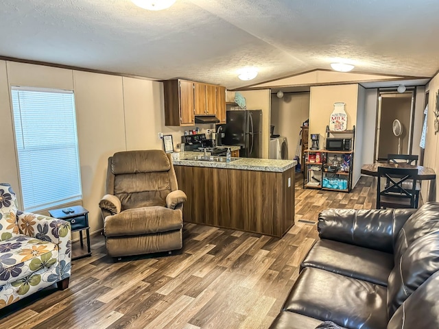 living room featuring hardwood / wood-style floors, a textured ceiling, vaulted ceiling, and sink