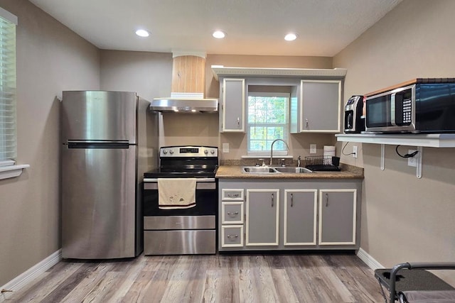 kitchen with sink, light wood-type flooring, extractor fan, and appliances with stainless steel finishes