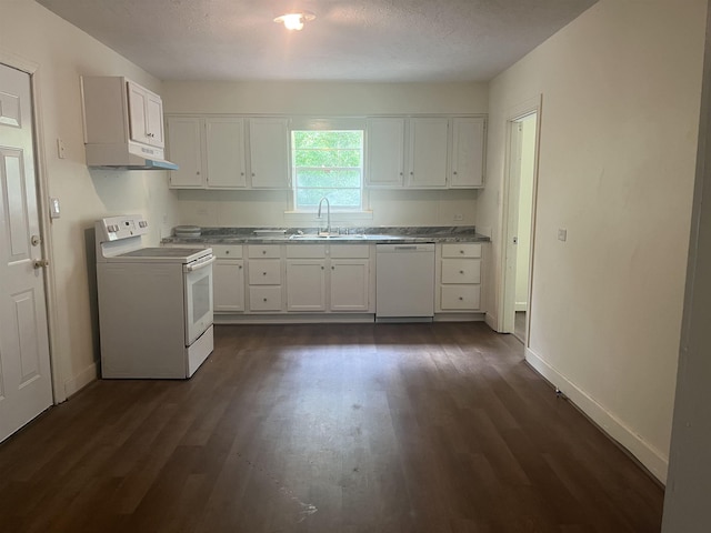 kitchen featuring white cabinets, dark hardwood / wood-style flooring, white appliances, and sink