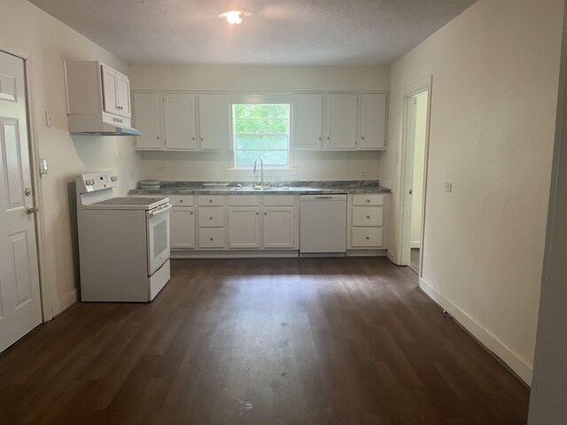 kitchen featuring white cabinets, dark hardwood / wood-style flooring, white appliances, and sink