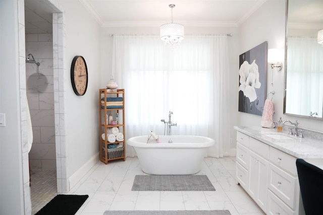 bathroom featuring vanity, an inviting chandelier, independent shower and bath, and crown molding