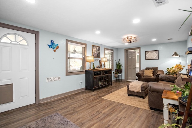 living room with dark wood-type flooring