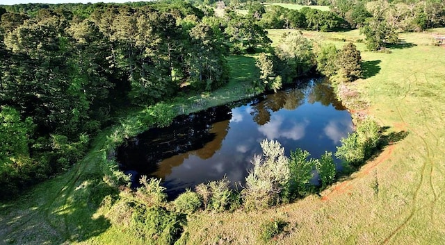 aerial view featuring a water view and a wooded view