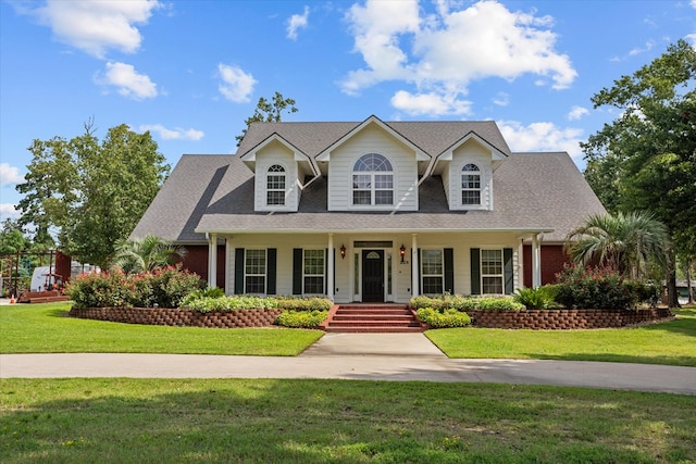 view of front facade featuring covered porch and a front yard