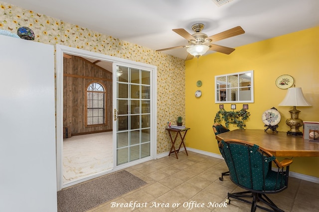 229 Thornton Rd, Huntington, TX 75949 - office area with wallpapered walls, baseboards, ceiling fan, and tile patterned floors