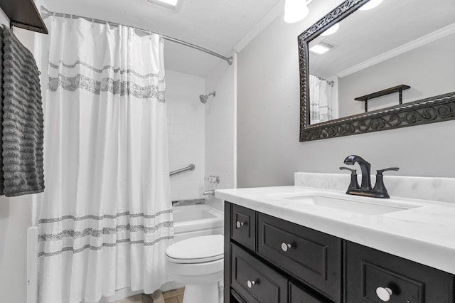 full bathroom featuring shower / bathtub combination with curtain, vanity, toilet, and ornamental molding