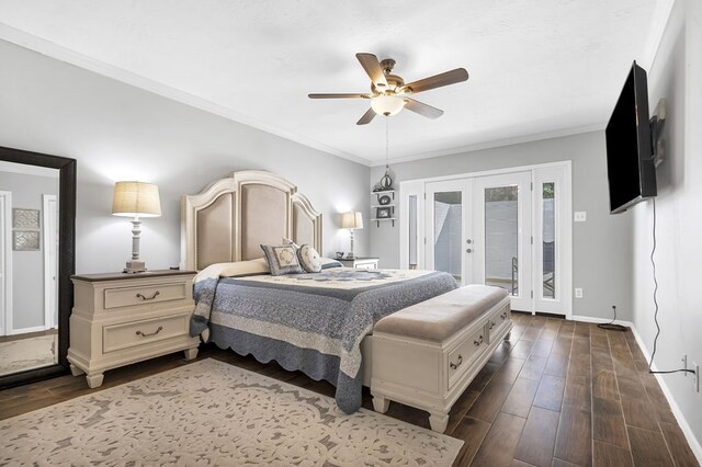 bedroom featuring dark wood-type flooring, french doors, ceiling fan, access to exterior, and ornamental molding