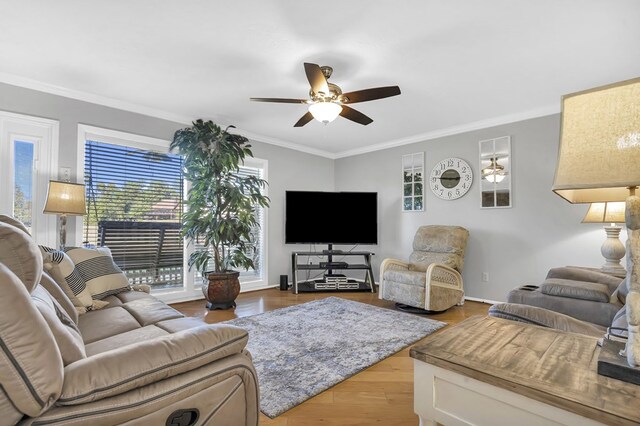 living room with light hardwood / wood-style flooring, ceiling fan, and ornamental molding