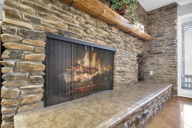 interior details with wood-type flooring and a fireplace