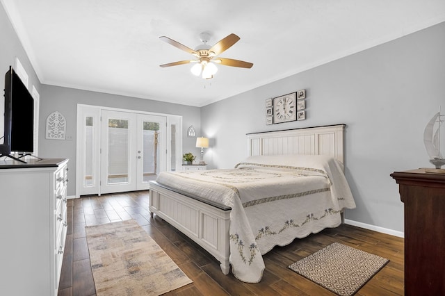 bedroom with french doors, dark hardwood / wood-style floors, ceiling fan, access to exterior, and ornamental molding