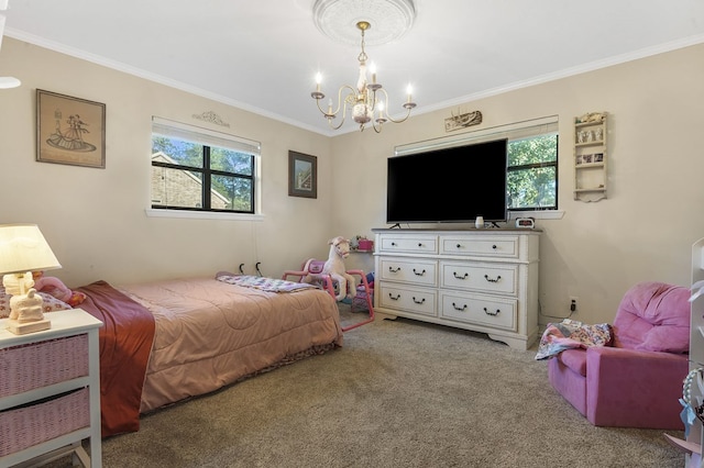 bedroom with carpet flooring, a chandelier, and ornamental molding