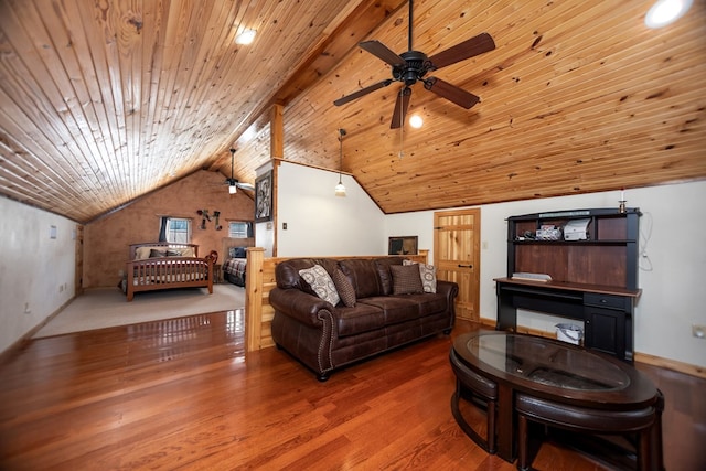 living room with wooden ceiling, hardwood / wood-style flooring, lofted ceiling, and ceiling fan