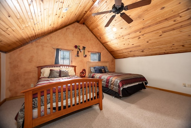 bedroom with lofted ceiling, carpet floors, ceiling fan, and wooden ceiling