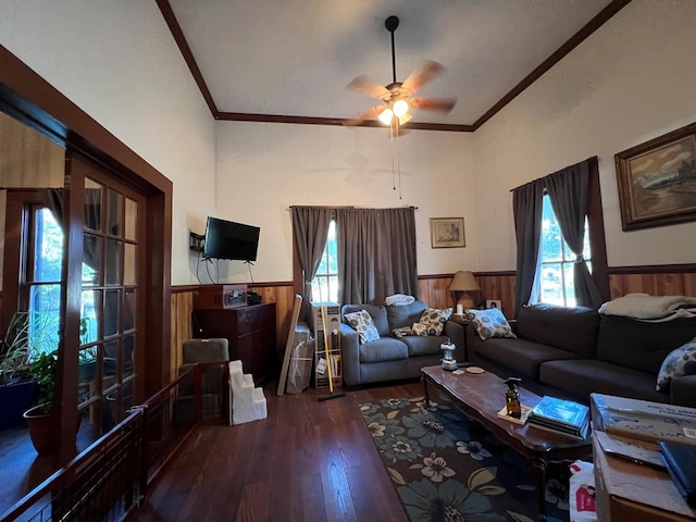 living room with wood walls, dark wood-type flooring, crown molding, and wainscoting