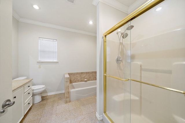 full bathroom with vanity, toilet, ornamental molding, and independent shower and bath