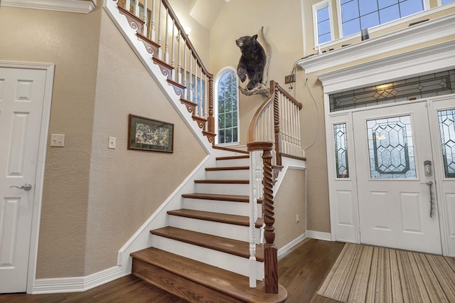 entrance foyer with a high ceiling and dark hardwood / wood-style flooring