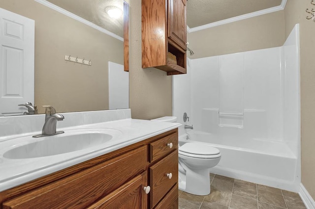 full bathroom with vanity, crown molding, shower / washtub combination, tile patterned flooring, and toilet