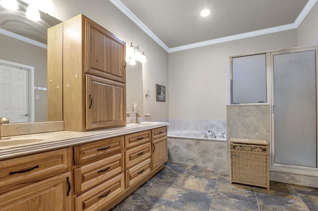 bathroom featuring vanity, shower with separate bathtub, and crown molding