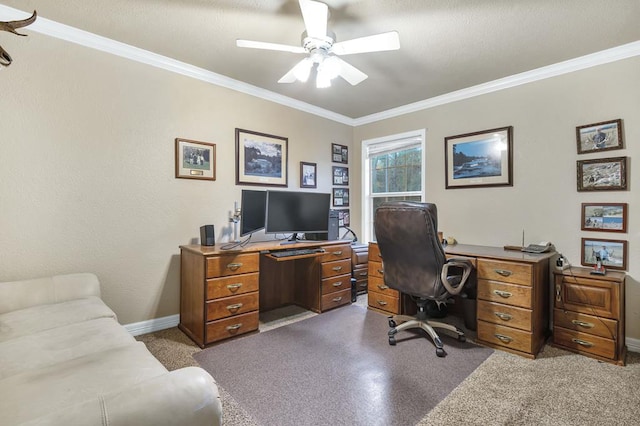 home office with ceiling fan, a textured ceiling, and ornamental molding