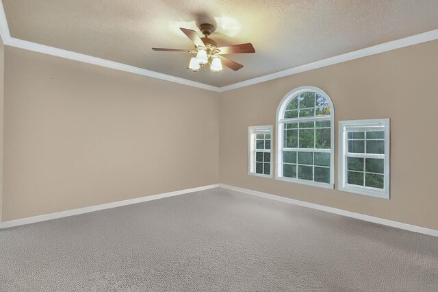 carpeted spare room featuring ceiling fan, crown molding, and a textured ceiling