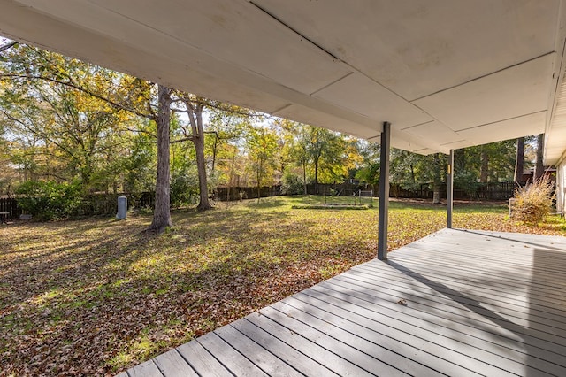 wooden terrace featuring a lawn