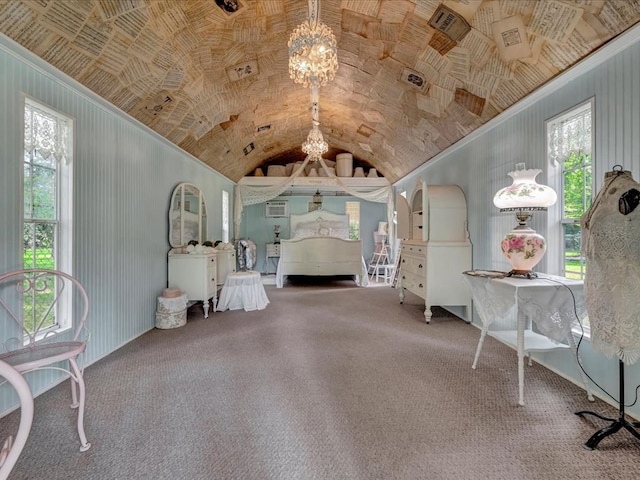 interior space with brick ceiling, vaulted ceiling, multiple windows, and crown molding