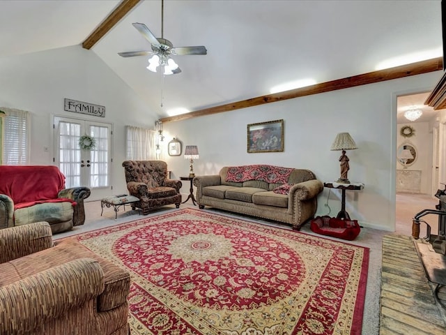 carpeted living area featuring beam ceiling, french doors, high vaulted ceiling, and a ceiling fan