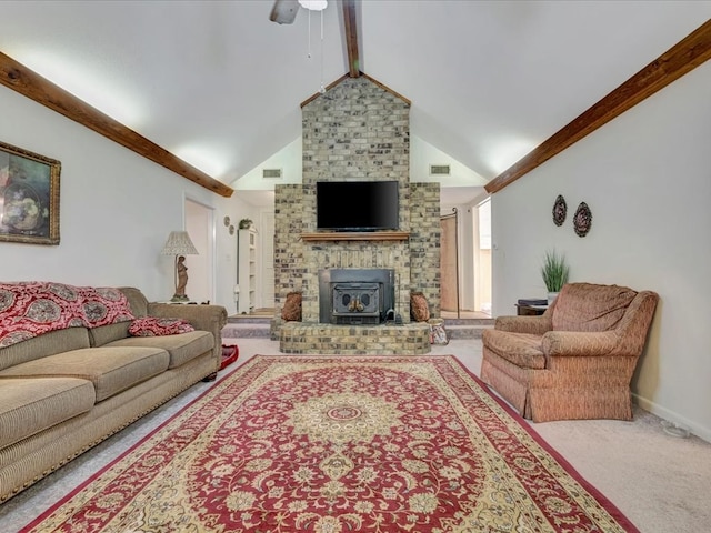 living room with visible vents, beam ceiling, high vaulted ceiling, carpet flooring, and baseboards