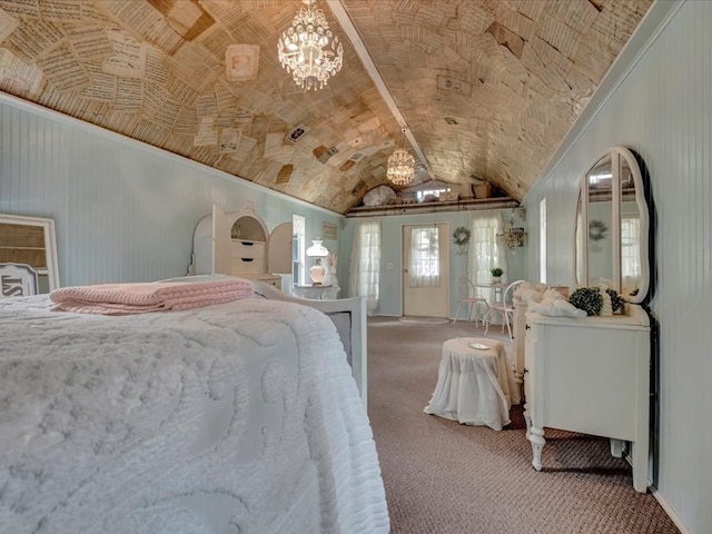 bedroom with a chandelier, vaulted ceiling, brick ceiling, and carpet floors