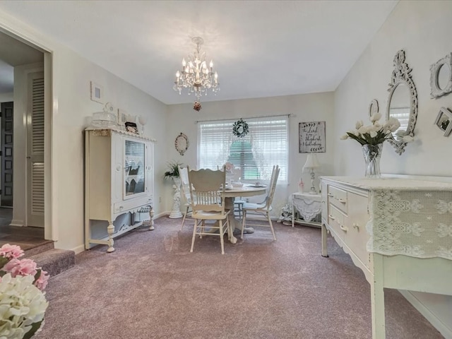 carpeted dining space with visible vents and a chandelier