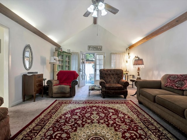 carpeted living area featuring french doors, high vaulted ceiling, and a ceiling fan